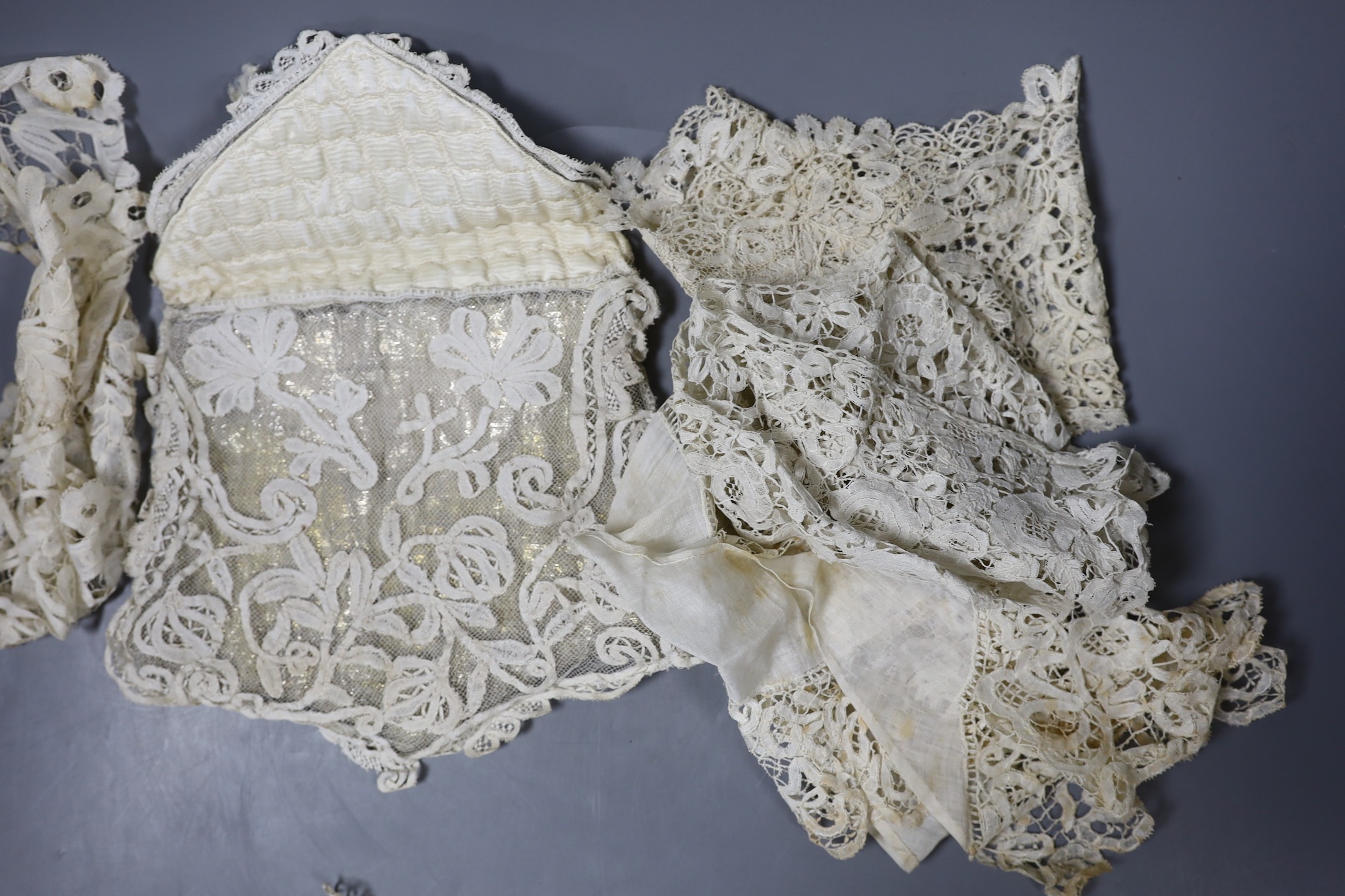 19th century Honiton lace collars, trim, hankie etc and a later Honiton and silver backed wedding bag/purse